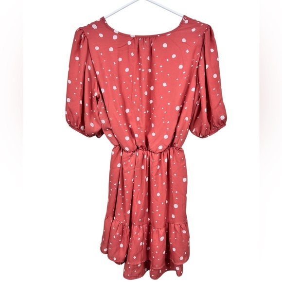 Coral pink mini dress, Small, white polka dots, puff sleeves, tiered, Flowy - Picture 6 of 7